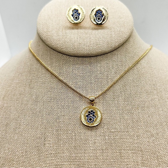 NWOT Hamsa Hand, Evil Eye Earring and Necklace with Charm set, Gold Filled 18" - Picture 7 of 14